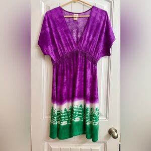Mossimo Supply Co. Purple and Green Tie-Dye V-Neck Dress - M